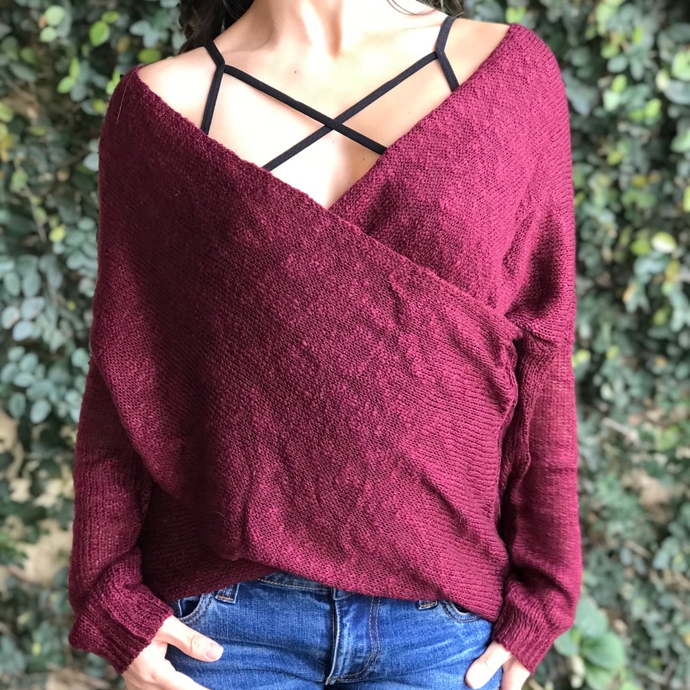 Crisscross Burgundy Sweater - Picture 1 of 8